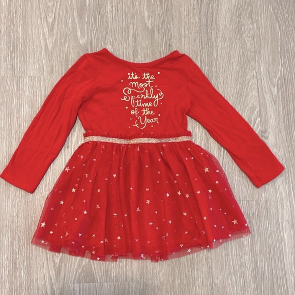 Cat & Jack Girls Red Gold Sparkle Tutu Holiday Christmas Dress Toddler 2T